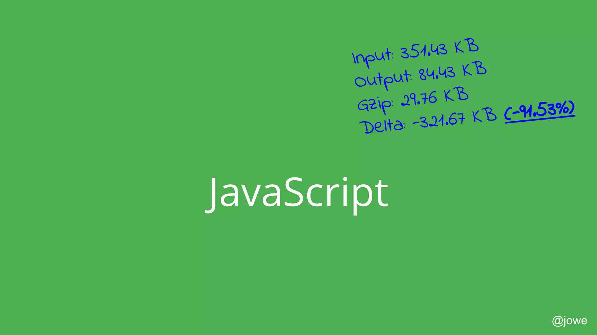 @jowe
JavaScript
Input: 351.43 KB
Output: 84.43 KB
Gzip: 29.76 KB
Delta: -321.67 KB (-91.53%)
 