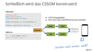 @jowe
<!doctype html>
<meta charset=utf-8>
<title>Performance!</title>
<link href=styles.css rel=stylesheet />
<p>Hello <span>world!</span></p>
p { font-weight: bold; }
span { display: none; }
index.html
styles.css
DOM
CSSOM
Render
Tree
Network
HTML DOM
● CSS fertig geladen
● Nun kann das CSSOM konstruiert werden
CSS CSSOM
Screen noch immer weiß?
Schließlich wird das CSSOM konstruiert!
 