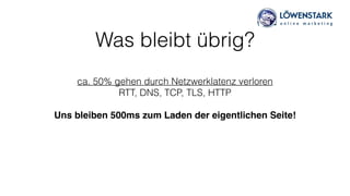 Was bleibt übrig?
ca. 50% gehen durch Netzwerklatenz verloren 
RTT, DNS, TCP, TLS, HTTP 
Uns bleiben 500ms zum Laden der eigentlichen Seite!
 