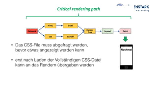 • Das CSS-File muss abgefragt werden,  
bevor etwas angezeigt werden kann
• erst nach Laden der Vollständigen CSS-Datei  
kann an das Rendern übergeben werden
Nochmal
 