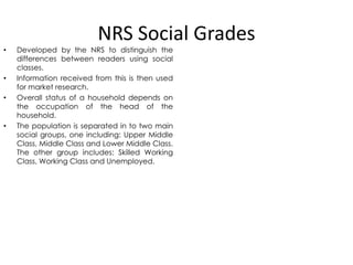 NRS Social Grades

•

•
•

•

Developed by the NRS to distinguish the
differences between readers using social
classes.
Information received from this is then used
for market research.
Overall status of a household depends on
the occupation of the head of the
household.
The population is separated in to two main
social groups, one including: Upper Middle
Class, Middle Class and Lower Middle Class.
The other group includes: Skilled Working
Class, Working Class and Unemployed.

 
