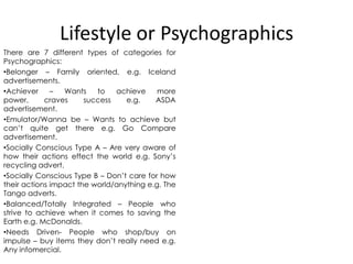 Lifestyle or Psychographics
There are 7 different types of categories for
Psychographics:
•Belonger – Family oriented, e.g. Iceland
advertisements.
•Achiever
–
Wants
to
achieve
more
power,
craves
success
e.g.
ASDA
advertisement.
•Emulator/Wanna be – Wants to achieve but
can’t quite get there e.g. Go Compare
advertisement.
•Socially Conscious Type A – Are very aware of
how their actions effect the world e.g. Sony’s
recycling advert.
•Socially Conscious Type B – Don’t care for how
their actions impact the world/anything e.g. The
Tango adverts.
•Balanced/Totally Integrated – People who
strive to achieve when it comes to saving the
Earth e.g. McDonalds.
•Needs Driven- People who shop/buy on
impulse – buy items they don’t really need e.g.
Any infomercial.

 