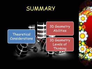 SUMMARY


                 3D Geometry
                   Abilities
 Theoretical
Considerations   3D Geometry
                   Levels of
                   Thinking
 