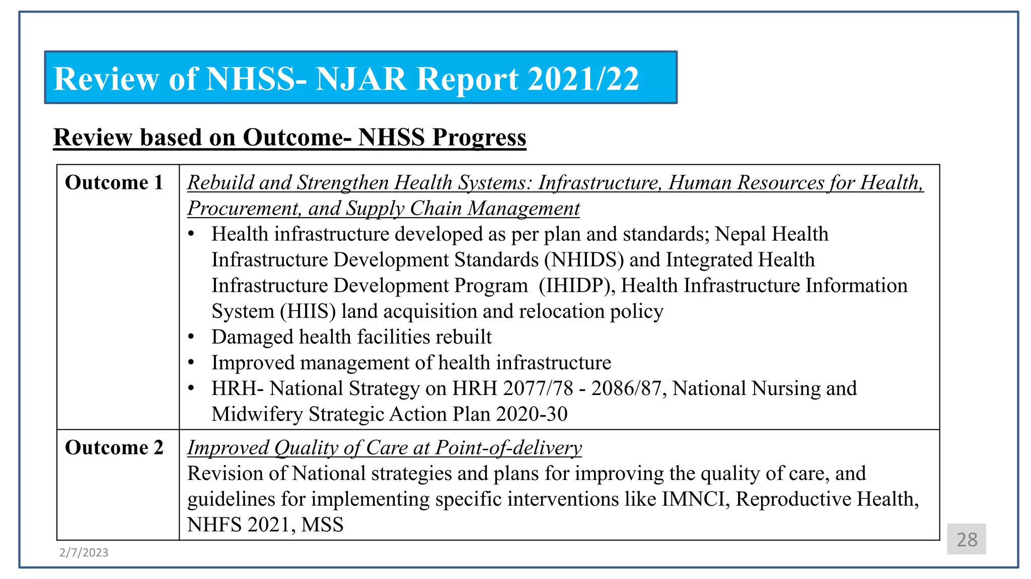 2/7/2023
Review of NHSS- NJAR Report 2021/22
28
Review based on Outcome- NHSS Progress
Outcome 1 Rebuild and Strengthen Health Systems: Infrastructure, Human Resources for Health,
Procurement, and Supply Chain Management
• Health infrastructure developed as per plan and standards; Nepal Health
Infrastructure Development Standards (NHIDS) and Integrated Health
Infrastructure Development Program (IHIDP), Health Infrastructure Information
System (HIIS) land acquisition and relocation policy
• Damaged health facilities rebuilt
• Improved management of health infrastructure
• HRH- National Strategy on HRH 2077/78 - 2086/87, National Nursing and
Midwifery Strategic Action Plan 2020-30
Outcome 2 Improved Quality of Care at Point-of-delivery
Revision of National strategies and plans for improving the quality of care, and
guidelines for implementing specific interventions like IMNCI, Reproductive Health,
NHFS 2021, MSS
 