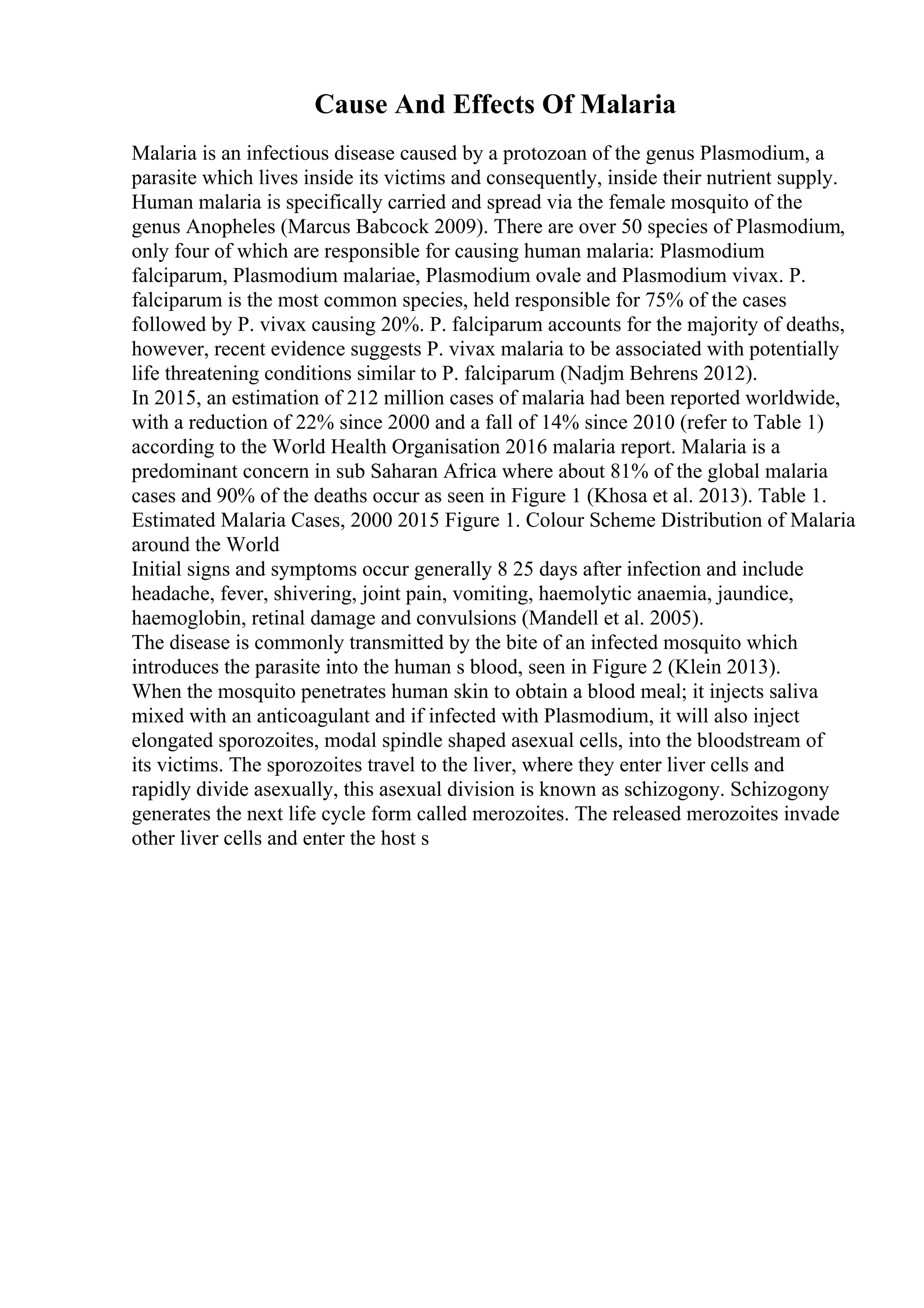 Cause And Effects Of Malaria
Malaria is an infectious disease caused by a protozoan of the genus Plasmodium, a
parasite which lives inside its victims and consequently, inside their nutrient supply.
Human malaria is specifically carried and spread via the female mosquito of the
genus Anopheles (Marcus Babcock 2009). There are over 50 species of Plasmodium,
only four of which are responsible for causing human malaria: Plasmodium
falciparum, Plasmodium malariae, Plasmodium ovale and Plasmodium vivax. P.
falciparum is the most common species, held responsible for 75% of the cases
followed by P. vivax causing 20%. P. falciparum accounts for the majority of deaths,
however, recent evidence suggests P. vivax malaria to be associated with potentially
life threatening conditions similar to P. falciparum (Nadjm Behrens 2012).
In 2015, an estimation of 212 million cases of malaria had been reported worldwide,
with a reduction of 22% since 2000 and a fall of 14% since 2010 (refer to Table 1)
according to the World Health Organisation 2016 malaria report. Malaria is a
predominant concern in sub Saharan Africa where about 81% of the global malaria
cases and 90% of the deaths occur as seen in Figure 1 (Khosa et al. 2013). Table 1.
Estimated Malaria Cases, 2000 2015 Figure 1. Colour Scheme Distribution of Malaria
around the World
Initial signs and symptoms occur generally 8 25 days after infection and include
headache, fever, shivering, joint pain, vomiting, haemolytic anaemia, jaundice,
haemoglobin, retinal damage and convulsions (Mandell et al. 2005).
The disease is commonly transmitted by the bite of an infected mosquito which
introduces the parasite into the human s blood, seen in Figure 2 (Klein 2013).
When the mosquito penetrates human skin to obtain a blood meal; it injects saliva
mixed with an anticoagulant and if infected with Plasmodium, it will also inject
elongated sporozoites, modal spindle shaped asexual cells, into the bloodstream of
its victims. The sporozoites travel to the liver, where they enter liver cells and
rapidly divide asexually, this asexual division is known as schizogony. Schizogony
generates the next life cycle form called merozoites. The released merozoites invade
other liver cells and enter the host s
 