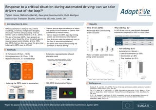 Response to a critical situation during automated driving: can we take
drivers out of the loop?*
Tyron Louw, Natasha Merat, Georgios Kountouriotis, Ruth Madigan
Institute for Transport Studies, University of Leeds, Leeds, UK
// Introduction & Aims
• Endsley, M. R., and Kiris, E. O. (1995). The out-of-the-loop performance problem and level of control in
automation. Human Factors, 37(2), 381-394.
• Lee, J. D., Regan, M. A., and Young, K. L. (2008). Defining driver distraction. In M. A. Regan, J. D. Lee,
and K. L. Young (Eds.), Driver Distraction: Theory, Effects, and Mitigation(pp. 31–40). Boca Raton, FL:
CRC Press.
• Li, S. Y. W., Magrabi, F. and Coiera, E. (2012). A systematic review of the psychological literature on
interruption and its patient safety implications. Journal of the American Medical Informatics
Association: JAMIA, 19(1), 6–12.
• 30 Participants (39.2yrs ± 14.45)
• Driving experience: 20.17yrs ± 15.26
• Repeated measures, 3 X 3 mixed design
• Vehicle automation is likely to induce mind-
wandering, or stimulus-independent thoughts,
which can interfere with processing external
stimuli, such as roadway hazards (Li et al., 2012).
• This out-of-the-loop (OOTL) state presents an
issue to safety should the driver be called upon to
resume manual control (Endsley & Kiris, 1995;
Lee, 2013). But how does one study this given that
inducing the OOTL state is difficult?
// Results
// Methods
• There is also no objective measure of safety
and quality of the transition of control from
automation to manual driving
1. Can we induce the OOTL state by limiting
system and environmental information?
2. How do drivers make decisions and react in
the face of uncertain automation?
3. Are there other means of evaluating the
transition to manual driving?
Light FogHeavy Fog
30s
Automation On
Lead vehicle action
Uncertainty Alert
EVENT START
Ego
vehicle
Lead
vehicle
Screen Manipulation On
90s ≈30s
EVENT END
Screen Manipulation Off
Non-critical Critical
1 2 3 4 5 6 7
≈ 20 mins
≈150s
// References
Critical Event = Lead vehicle braked at TTC of 5s.
Collision would occur unless driver intervened.
Steering Wheel
Colour
Automation
status
Grey Unavailable
Flashing green Available
Green Engaged
Flashing yellow Uncertain
Red Disengaged
• HMI: FCW & Automation Status• Inducing the OOTL state in automation:
• Schematic representation of each
discrete event
AutomationAutomation
Manual Manual
Critical
Event 1
Critical
Event 2
Critical
Event 1
Critical
Event 2
Critical
Event 1
Critical
Event 2
Critical
Event 1
Critical
Event 2
Within-SubjectsFactors:Drive&Event
Within-SubjectsFactors:Drive&Event
Light Fog Heavy Fog
Between-subjects factor: Condition
Automation
Status
Hidden
Light Fog
Screen
Occlusion
Automation
Status
Hidden
Heavy Fog
Screen
Occlusion
Limited Visual Roadway
Information
Auditory and
haptic cues
still present
• Were drivers OOTL?
Percentage Road Centre during
screen occlusion
‘Peeks’ at hidden automation status
during screen occlusion
• What did they do?
In 16% of non-critical cases drivers disengaged
automation compared to 100% in critical cases
Automation Manual
Critical Event 1 Critical Event 2 Critical Event 1 Critical Event 2
Light Fog 7 (2) 10 (1) 11 (1) 12 (0)
Heavy Fog 9 (7) 9 (3) 11 (2) 11 (1)
Lane Changes and collision counts (in brackets)
• How did they do it?
• Automation (vs. Manual) =
↑ Lateral Acceleration (p=.005)
↑ Deceleration (p=.001)
↓ Time headway (p=.011)
*Paper to appear in the Proceedings of the Driver Distraction and Inattention Conference, Sydney 2015
 