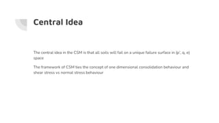 Central Idea
The central idea in the CSM is that all soils will fail on a unique failure surface in (p’, q, e)
space
The framework of CSM ties the concept of one dimensional consolidation behaviour and
shear stress vs normal stress behaviour
 