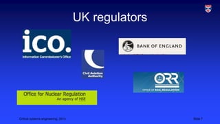 UK regulators

Critical systems engineering, 2013

Slide 7

 