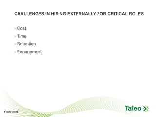 CHALLENGES IN HIRING EXTERNALLY FOR CRITICAL ROLES


        › Cost
        › Time
        › Retention
        › Engagement




#TaleoTalent
 