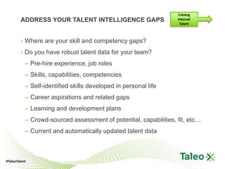 Catalog
        ADDRESS YOUR TALENT INTELLIGENCE GAPS                     Internal
                                                                   Talent



        › Where are your skill and competency gaps?
        › Do you have robust talent data for your team?
           – Pre-hire experience, job roles
           – Skills, capabilities, competencies
           – Self-identified skills developed in personal life
           – Career aspirations and related gaps
           – Learning and development plans
           – Crowd-sourced assessment of potential, capabilities, fit, etc…
           – Current and automatically updated talent data



#TaleoTalent
 