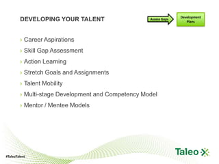 Development
        DEVELOPING YOUR TALENT                     Assess Gaps
                                                                    Plans




        › Career Aspirations
        › Skill Gap Assessment
        › Action Learning
        › Stretch Goals and Assignments
        › Talent Mobility
        › Multi-stage Development and Competency Model
        › Mentor / Mentee Models




#TaleoTalent
 
