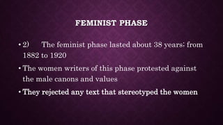 FEMINIST PHASE
• 2) The feminist phase lasted about 38 years; from
1882 to 1920
• The women writers of this phase protested against
the male canons and values
• They rejected any text that stereotyped the women
 