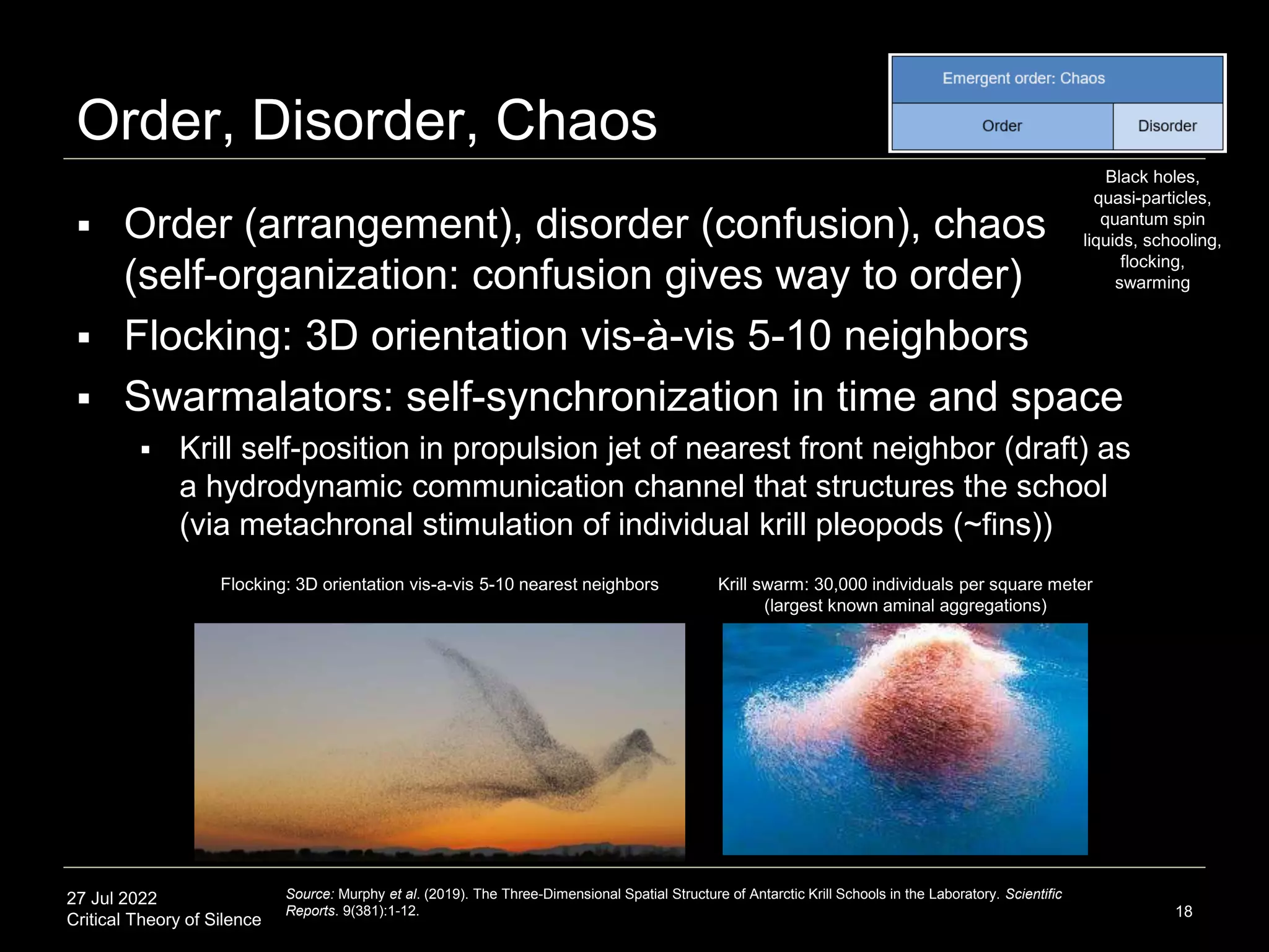 27 Jul 2022
Critical Theory of Silence
Order, Disorder, Chaos
 Order (arrangement), disorder (confusion), chaos
(self-organization: confusion gives way to order)
 Flocking: 3D orientation vis-à-vis 5-10 neighbors
 Swarmalators: self-synchronization in time and space
 Krill self-position in propulsion jet of nearest front neighbor (draft) as
a hydrodynamic communication channel that structures the school
(via metachronal stimulation of individual krill pleopods (~fins))
18
Source: Murphy et al. (2019). The Three-Dimensional Spatial Structure of Antarctic Krill Schools in the Laboratory. Scientific
Reports. 9(381):1-12.
Krill swarm: 30,000 individuals per square meter
(largest known aminal aggregations)
Flocking: 3D orientation vis-a-vis 5-10 nearest neighbors
Black holes,
quasi-particles,
quantum spin
liquids, schooling,
flocking,
swarming
 