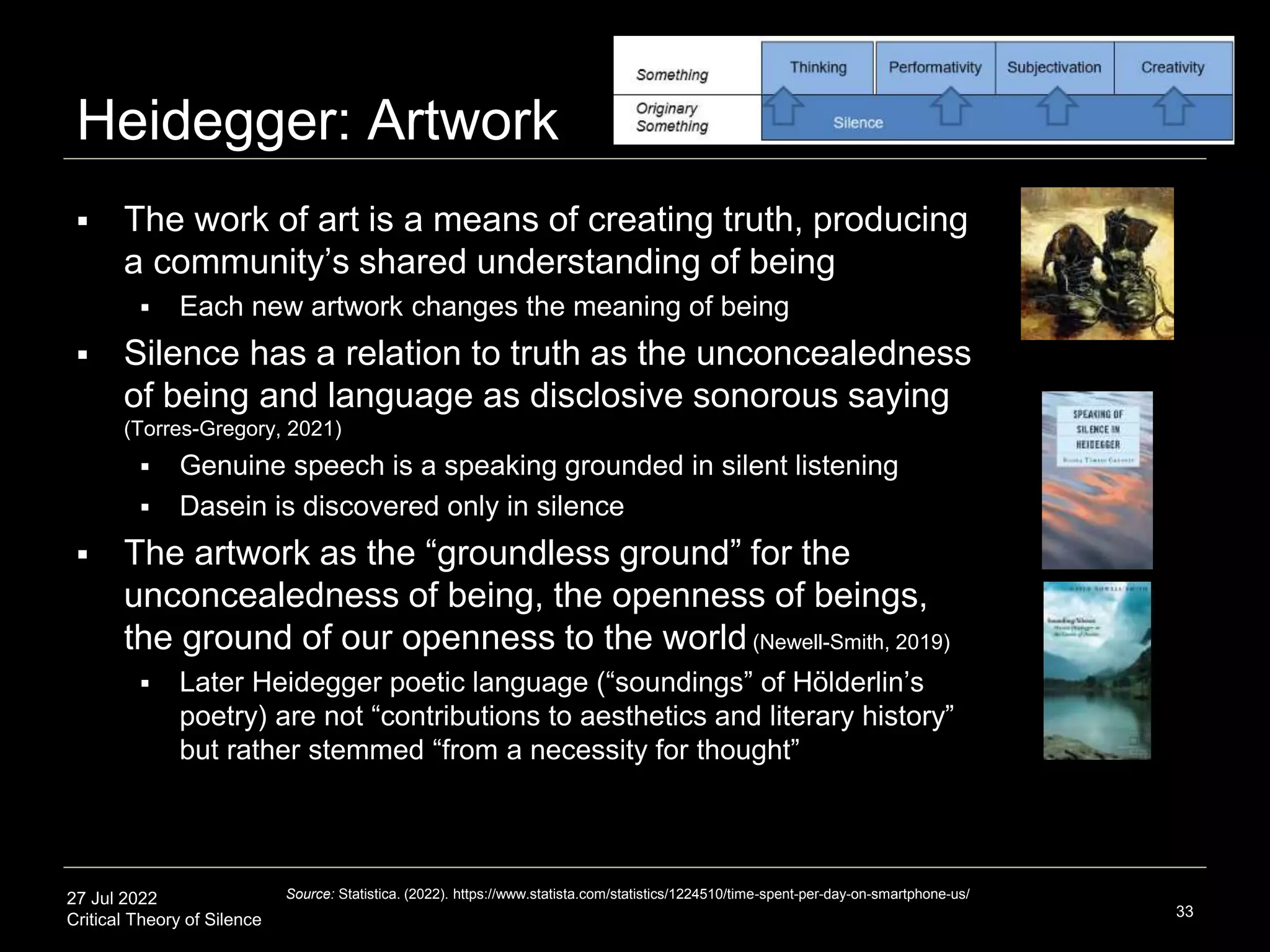 27 Jul 2022
Critical Theory of Silence
Heidegger: Artwork
33
 The work of art is a means of creating truth, producing
a community’s shared understanding of being
 Each new artwork changes the meaning of being
 Silence has a relation to truth as the unconcealedness
of being and language as disclosive sonorous saying
(Torres-Gregory, 2021)
 Genuine speech is a speaking grounded in silent listening
 Dasein is discovered only in silence
 The artwork as the “groundless ground” for the
unconcealedness of being, the openness of beings,
the ground of our openness to the world (Newell-Smith, 2019)
 Later Heidegger poetic language (“soundings” of Hölderlin’s
poetry) are not “contributions to aesthetics and literary history”
but rather stemmed “from a necessity for thought”
Source: Statistica. (2022). https://www.statista.com/statistics/1224510/time-spent-per-day-on-smartphone-us/
 