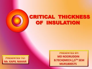 CRITICAL THICKNESS
OF INSULATION
CRITICAL THICKNESS
OF INSULATION
Mr. KAPIL NAHAR
MD NOORUDDIN
B.TECH(MECH.),5TH SEM
MUR1800575
 