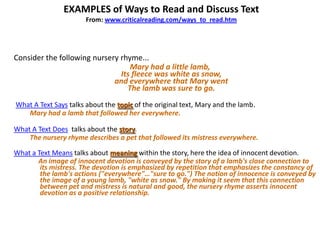 EXAMPLES of Ways to Read and Discuss Text
                       From: www.criticalreading.com/ways_to_read.htm




Consider the following nursery rhyme...
                                  Mary had a little lamb,
                               Its fleece was white as snow,
                             and everywhere that Mary went
                                 The lamb was sure to go.
What A Text Says talks about the topic of the original text, Mary and the lamb.
   Mary had a lamb that followed her everywhere.

What A Text Does talks about the story.
    The nursery rhyme describes a pet that followed its mistress everywhere.

What a Text Means talks about meaning within the story, here the idea of innocent devotion.
       An image of innocent devotion is conveyed by the story of a lamb's close connection to
        its mistress. The devotion is emphasized by repetition that emphasizes the constancy of
        the lamb's actions ("everywhere"…"sure to go.") The notion of innocence is conveyed by
        the image of a young lamb, "white as snow." By making it seem that this connection
        between pet and mistress is natural and good, the nursery rhyme asserts innocent
        devotion as a positive relationship.
 
