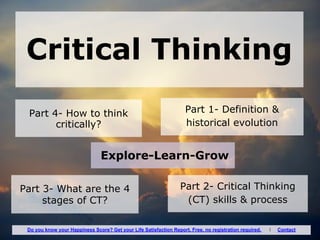 Critical Thinking
Part 1- Definition &
historical evolution
Part 4- How to think
critically?
Part 3- What are the 4
stages of CT?
Explore-Learn-Grow
Part 2- Critical Thinking
(CT) skills & process
Do you know your Happiness Score? Get your Life Satisfaction Report. Free, no registration required. I Contact
 