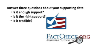 Answer three questions about your supporting data:
• Is it enough support?
• Is it the right support?
• Is it credible?
 