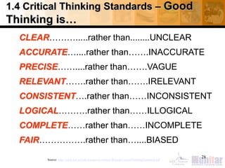 1.4 Critical Thinking Standards – Good
Thinking is…
CLEAR……….....rather than........UNCLEAR
ACCURATE…....rather than…….INACCURATE
PRECISE……....rather than…….VAGUE
RELEVANT…….rather than…….IRELEVANT
CONSISTENT….rather than……INCONSISTENT
LOGICAL……….rather than……ILLOGICAL
COMPLETE……rather than……INCOMPLETE
FAIR…………….rather than…....BIASED
28
Source: http://www.fctl.ucf.edu/tresources/content/Ruland-CriticalThinkingStandards.pdf
 
