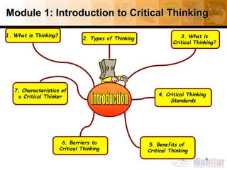 Module 1: Introduction to Critical Thinking
6
1. What is Thinking?
6. Barriers to
Critical Thinking
2. Types of Thinking
4. Critical Thinking
Standards
5. Benefits of
Critical Thinking
7. Characteristics of
a Critical Thinker
3. What is
Critical Thinking?
 
