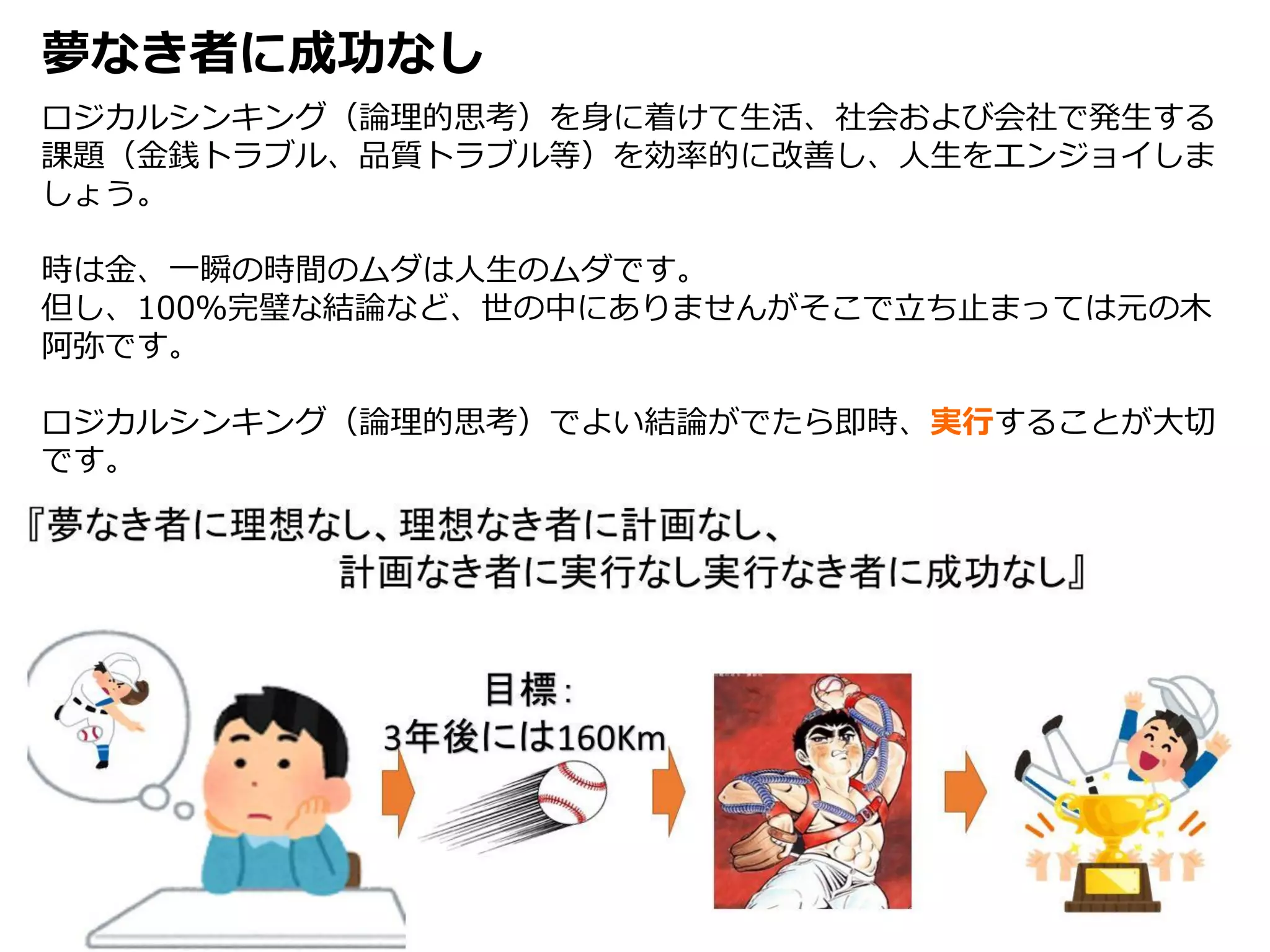 夢なき者に成功なし
ロジカルシンキング（論理的思考）を身に着けて生活、社会および会社で発生する
課題（金銭トラブル、品質トラブル等）を効率的に改善し、人生をエンジョイしま
しょう。
時は金、一瞬の時間のムダは人生のムダです。
但し、100％完璧な結論など、世の中にありませんがそこで立ち止まっては元の木
阿弥です。
ロジカルシンキング（論理的思考）でよい結論がでたら即時、実行することが大切
です。
 