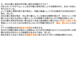 又、自分の妻と実母が仲が悪い場合は問題だろうか？
日本人の『パラダイム』とし自分の妻と実母が良しとする風潮があり、あるべき姿と
考えられている。
よって現実と理想の間で差が発生し、問題と勘違いしてそれを解消する手段を求めて
悩み、苦しむ。
自分の妻と実母が毎日 同じ家で暮らしている場合は喧嘩が絶えず、自分にとって問
題になると思えるが別々に暮らしていれば喧嘩する事がないので問題は発生しない。
自分の妻と実母が仲が良い事はあるべき姿と既成概念に縛られないであってほしい姿、
希望としてとらえておけば差が生じないので問題が発生せず、悩み、苦しむこともな
い。
すべての問題は自分のあるべき姿から発生する。
自分だけ問題の場合は他の人は関係ないので自分が頑張ればどうにかなるが多くの問
題のは自分以外の人との関連性があるので悩み、苦しむ。
視点を変えてあるべき姿から希望する姿に変えるだけで多くの問題は解決できる。
 