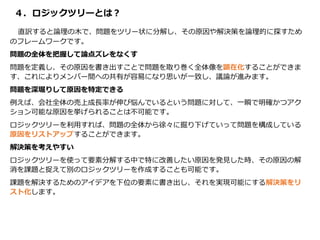 ４．ロジックツリーとは？
直訳すると論理の木で、問題をツリー状に分解し、その原因や解決策を論理的に探すため
のフレームワークです。
問題の全体を把握して論点ズレをなくす
問題を定義し、その原因を書き出すことで問題を取り巻く全体像を顕在化することができま
す、これによりメンバー間への共有が容易になり思いが一致し、議論が進みます。
問題を深堀りして原因を特定できる
例えば、会社全体の売上成長率が伸び悩んでいるという問題に対して、一瞬で明確かつアク
ション可能な原因を挙げられることは不可能です。
ロジックツリーを利用すれば、問題の全体から徐々に掘り下げていって問題を構成している
原因をリストアップすることができます。
解決策を考えやすい
ロジックツリーを使って要素分解する中で特に改善したい原因を発見した時、その原因の解
消を課題と捉えて別のロジックツリーを作成することも可能です。
課題を解決するためのアイデアを下位の要素に書き出し、それを実現可能にする解決策をリ
スト化します。
 