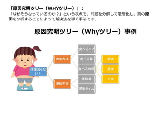 「原因究明ツリー（WHYツリー）」：
「なぜそうなっているのか？」という視点で、問題を分解して階層化し、真の原
因を分析することによって解決法を導く手法です。
 