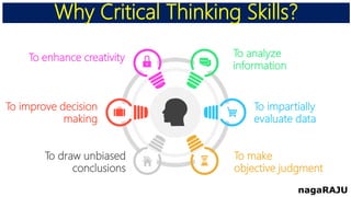 To analyze
information
To impartially
evaluate data
To make
objective judgment
To enhance creativity
To improve decision
making
To draw unbiased
conclusions
Why Critical Thinking Skills?
nagaRAJU
 