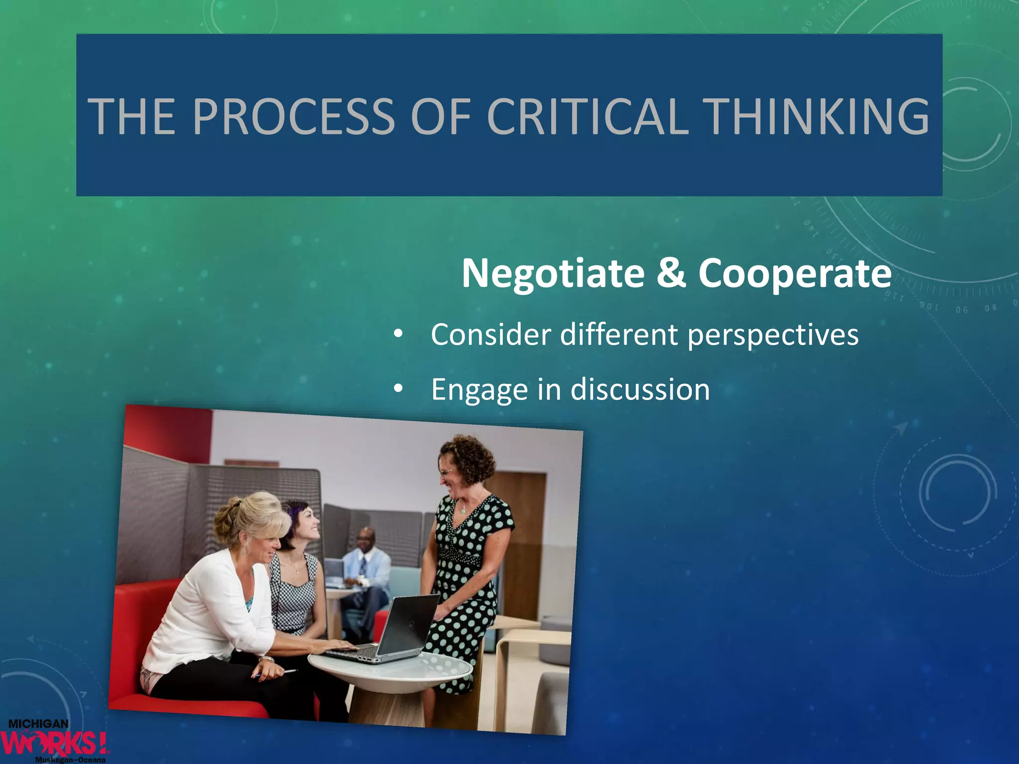 Negotiate & Cooperate 
•Consider different perspectives 
•Engage in discussion 
THE PROCESS OF CRITICAL THINKING  