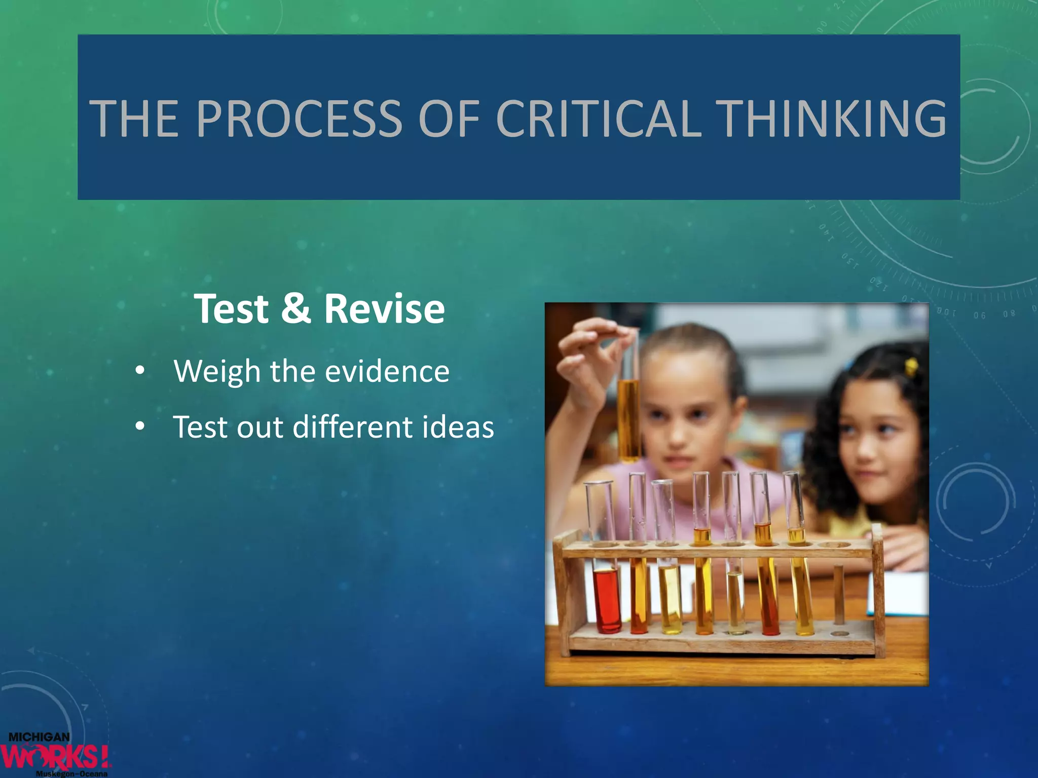 Test & Revise 
•Weigh the evidence 
•Test out different ideas 
THE PROCESS OF CRITICAL THINKING  