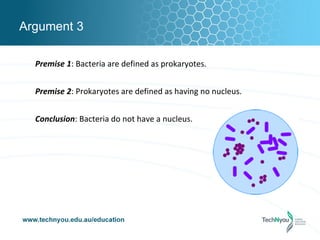 Argument 3

  Premise 1: Bacteria are defined as prokaryotes.


  Premise 2: Prokaryotes are defined as having no nucleus.


  Conclusion: Bacteria do not have a nucleus.
 