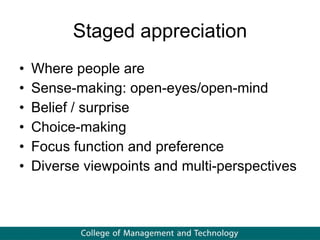 Staged appreciation Where people are Sense-making: open-eyes/open-mind Belief / surprise Choice-making Focus function and preference Diverse viewpoints and multi-perspectives  