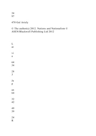 34
97
470 Gal Ariely
© The author(s) 2012. Nations and Nationalism ©
ASEN/Blackwell Publishing Ltd 2012
L
at
vi
a
64
34
28
3
Ja
p
an
64
32
42
49
39
24
R
 
