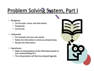 Problem Solving System, Part I
• Reorganize
• List the topic, issues, and main points.
• Paraphrase.
• Summarize.
• Understand
• Put concepts into your own words.
• Relate the information to what you already know.
• Restate the information.
• Hypothesize
• Make an interpretation of the information based on
your understanding of it.
• This interpretation will then be analyzed logically.
 