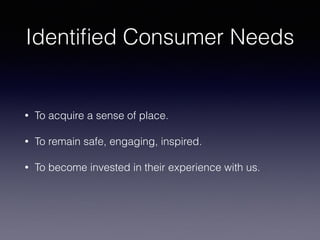 Identiﬁed Consumer Needs
• To acquire a sense of place.
• To remain safe, engaging, inspired.
• To become invested in their experience with us.
 