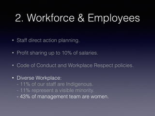 2. Workforce & Employees
• Staff direct action planning.
• Proﬁt sharing up to 10% of salaries.
• Code of Conduct and Workplace Respect policies.
• Diverse Workplace: 
- 11% of our staff are Indigenous. 
- 11% represent a visible minority. 
- 43% of management team are women.
 