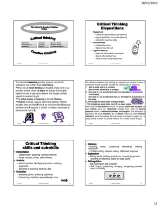 10/10/2010




                                                                                                    Critical Thinking
                                                                                                      Dispositions
                                                                                            • Engagement
                                                                                               – Looking for opportunities to use reasoning
                                                                                               – expecting situations that require reasoning
                                                                                               – Confident in reasoning ability
               Application     Evaluation                 Decision Making                   • Innovativeness
               Comprehension   Synthesis                  Problem Solving                      – Intellectually curious
               Knowledge       Analysis                   Concept attainment
                                                                                               – Wants to know the truth
                                                                                            • Cognitive maturity
                                                                                               – Aware that real problems are complex
                                                                                               – Open to other points of view
                                                                                               – Aware of biases and predispositions

   7/25/2010                   Dr. Shadia Yousef Banjar                        61       7/25/2010                     Dr. Shadia Yousef Banjar                 62




 To understand reasoning properly, however, we need to                              The difference between mere thinking and reasoning or inference is easy to
 understand how it differs from mere thinking.                                      understand through examples. Consider the following pairs of sentences:
 •When we are merely thinking our thoughts simply come to us,                       1. Alan is broke, and he is unhappy.
                                                                                        Alan is broke, therefore he is unhappy.
 one after another: when we reason we actively link thoughts
                                                                                    2. Anne was in a car accident last week, and she deserves an extension
 together in such a way that we believe one thought provides                             on her essay.
 support for another thought.                                                           Anne was in a car accident last week, so she deserves an extension on
 •This active process of reasoning is termed inference.                                 her essay.
 • Inference involves a special relationship between different                      3. This triangle has equal sides and equal angles.
 thoughts: when we infer B from A, we move from A to B because                        This triangle has equal sides; hence it has equal angles.
                                                                                    Notice that the first sentence in each pair simply asserts two thoughts but
 we believe that A supports or justifies or makes it reasonable to
                                                                                    says nothing about any relationship between them, while the second
 believe in the truth of B.                                                         sentence asserts a relationship between two thoughts. This relationship is
                                                                                    signaled by the words therefore, so, and hence. These are called inference
                                                                                    indicators: words that indicate that one thought is intended to support (i.e., to
                                                                                    justify, provide a reason for, provide evidence for, or entail) another thought.

   7/25/2010                   Dr. Shadia Yousef Banjar                        63       7/25/2010                     Dr. Shadia Yousef Banjar                 64




                 Critical Thinking                                                  • Inference
                                                                                       –Querying claims, conjecturing alternatives, drawing
                skills and sub-skills                                                 conclusions
• Interpretation                                                                       – Problem solving, decision making, differential, diagnosis
   – categorization, decoding, clarifying meaning                                   • Explanation
                                                                                       – Stating results, justifying procedures, presenting arguments
   – Notes, matrices, charts, patient history
                                                                                       – Elements of reasoning, stating the case, clarity
• Analysis                                                                          • Self-regulation
   – examining ideas, identifying arguments, analyzing                                 – Self examination, self correction
     arguments                                                                         – Self critique, questioning, changing, recognizing personal
   – Elements of reasoning, listening, data                                               errors in thinking
• Evaluation
   – assessing claims, assessing arguments
   – Questioning, credibility, reasonableness, trust.

   7/25/2010                   Dr. Shadia Yousef Banjar                        65       7/25/2010                     Dr. Shadia Yousef Banjar                 66




                                                                                                                                                                        11
 