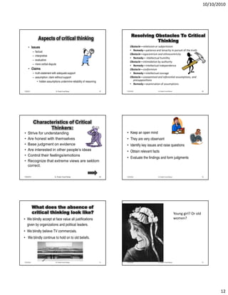 10/10/2010




                                                                                    Resolving Obstacles To Critical
                  Aspects of critical thinking                                                 Thinking
      • Issues                                                                     Obstacle—relativism or subjectivism
            –   factual                                                            • Remedy—patience and tenacity in pursuit of the truth
                                                                                   Obstacle—egocentrism and ethnocentricity
            –   interpretive
                                                                                   • Remedy— intellectual humility
            –   evaluative
                                                                                   Obstacle—intimidation by authority
            –   mere verbal dispute                                                • Remedy—intellectual independence
      • Claims                                                                     Obstacle—conformism
            – truth-statement with adequate support                                • Remedy—intellectual courage
            – assumption: claim without support                                    Obstacle—unexamined and inferential assumptions, and
                • hidden assumptions undermine reliability of reasoning              presuppositions
                                                                                   • Remedy—examination of assumptions

7/25/2010                         Dr. Shadia Yousef Banjar                67   7/25/2010                 Dr. Shadia Yousef Banjar                        68




            Characteristics of Critical
                   Thinkers:
•    Strive for understanding                                                  • Keep an open mind
•    Are honest with themselves                                                • They are very observant
•    Base judgment on evidence                                                 • Identify key issues and raise questions
•    Are interested in other people’s ideas                                    • Obtain relevant facts
•    Control their feelings/emotions
                                                                               • Evaluate the findings and form judgments
•    Recognize that extreme views are seldom
     correct.

7/25/2010                        Dr. Shadia Yousef Banjar                 69   7/25/2010                 Dr. Shadia Yousef Banjar                        70




            What does the absence of
            critical thinking look like?                                                                                            Young girl? Or old
• We blindly accept at face value all justifications                                                                                women?
  given by organizations and political leaders.
• We blindly believe TV commercials.
• We blindly continue to hold on to old beliefs.




7/25/2010                         Dr. Shadia Yousef Banjar                71   7/25/2010                 Dr. Shadia Yousef Banjar                        72




                                                                                                                                                                12
 