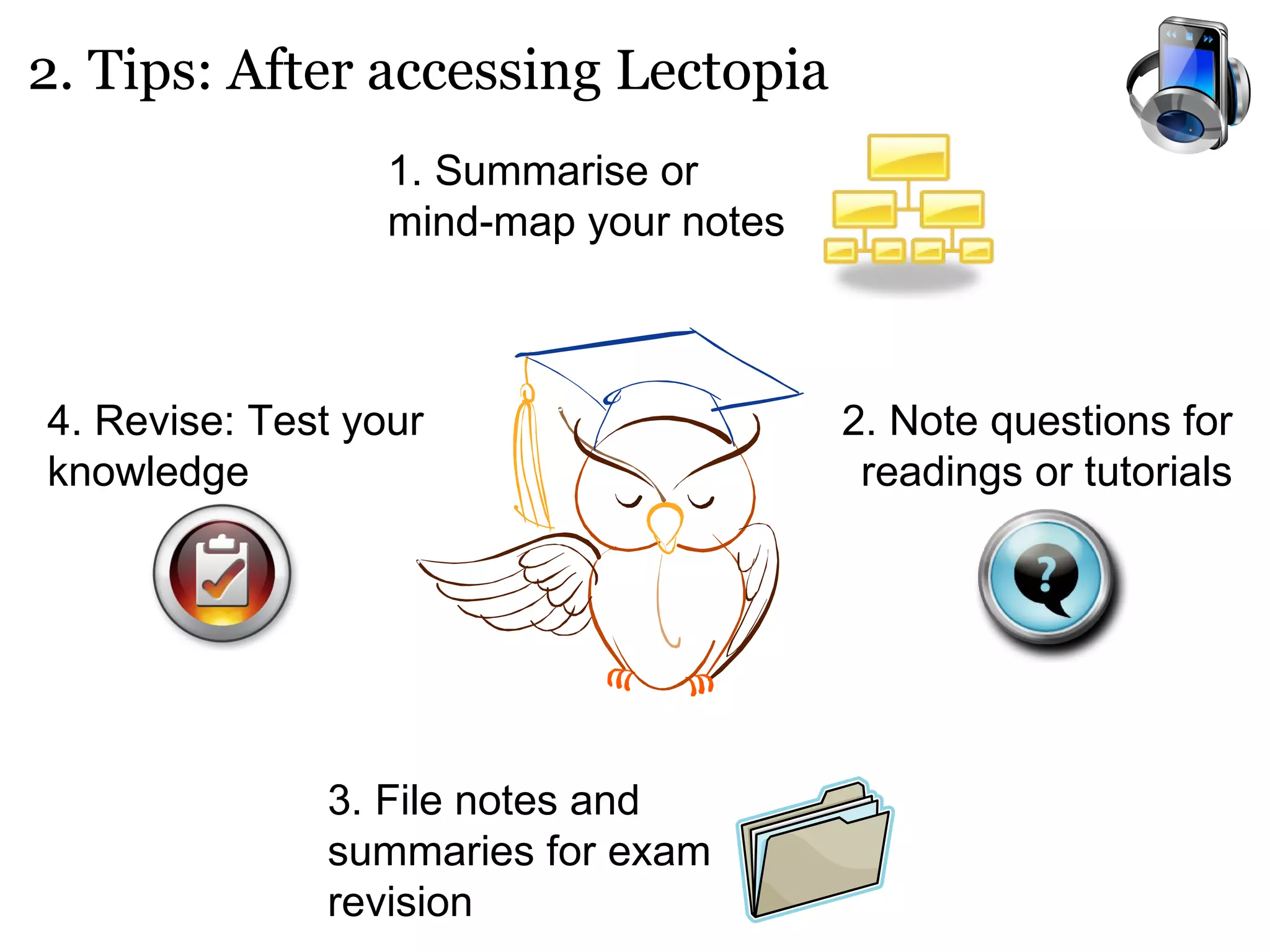 2. Tips: After accessing Lectopia 1. Summarise or mind-map your notes 2. Note questions for readings or tutorials 3. File notes and summaries for exam revision 4. Revise: Test your knowledge 