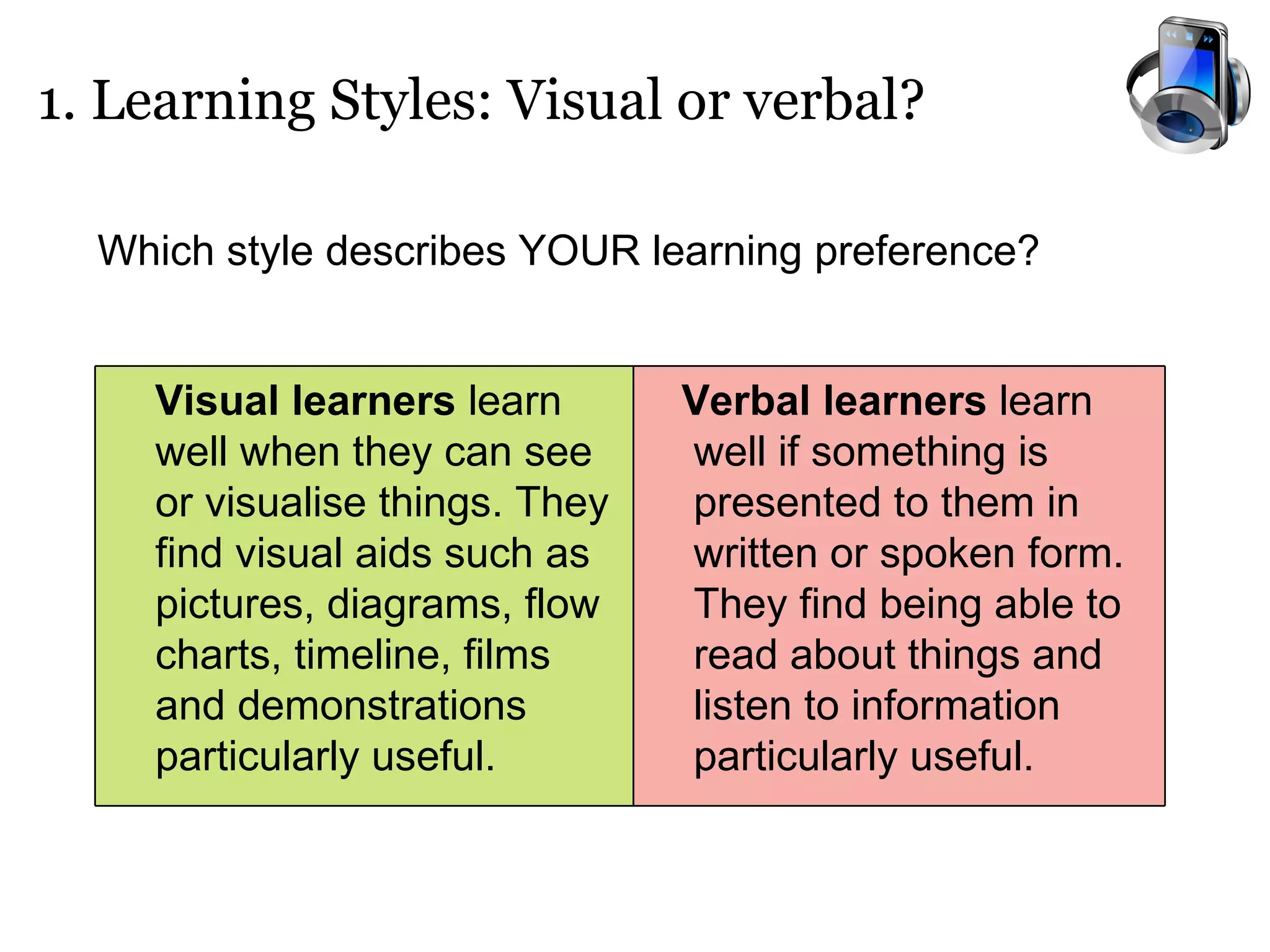 1. Learning Styles: Visual or verbal? Which style describes YOUR learning preference?  Verbal learners  learn well if something is presented to them in written or spoken form.  They find being able to read about things and listen to information particularly useful. Visual learners  learn well when they can see or visualise things. They find visual aids such as pictures, diagrams, flow charts, timeline, films and demonstrations particularly useful. 