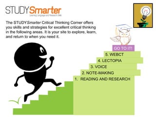 5. WEBCT GO TO IT! 4. LECTOPIA 2. NOTE-MAKING READING AND RESEARCH 3. VOICE The STUDY Smarter  Critical Thinking Corner offers you skills and strategies for excellent critical thinking in the following areas. It is your site to explore, learn, and return to when you need it. 