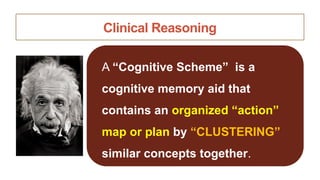 Clinical Reasoning
A “Cognitive Scheme” is a
cognitive memory aid that
contains an organized “action”
map or plan by “CLUSTERING”
similar concepts together.
 
