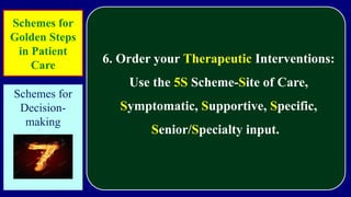6. Order your Therapeutic Interventions:
Use the 5S Scheme-Site of Care,
Symptomatic, Supportive, Specific,
Senior/Specialty input.
Schemes for
Golden Steps
in Patient
Care
Schemes for
Decision-
making
 