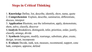 1. Knowledge Define, list, describe, identify, show, name, quote
2. Comprehension Explain, describe, summarize, differentiate,
discuss, interpret
3. Application Illustrate, use the information, apply, demonstrate,
show, solve, classify, discover
4.Analysis Breakdown, distinguish, infer, prioritize, order, justify,
classify, arrange, divide
5. Synthesis Integrate, modify, rearrange, substitute, plan, create,
design, invent, incorporate
6. Evaluate Decide, rank, test, measure, recommend, support, conc
lude, compare, appraise, defend
Steps in Critical Thinking
 