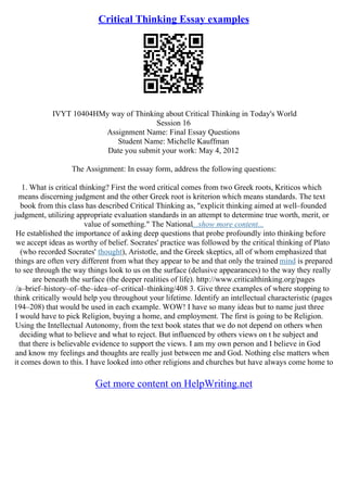 Critical Thinking Essay | PDF