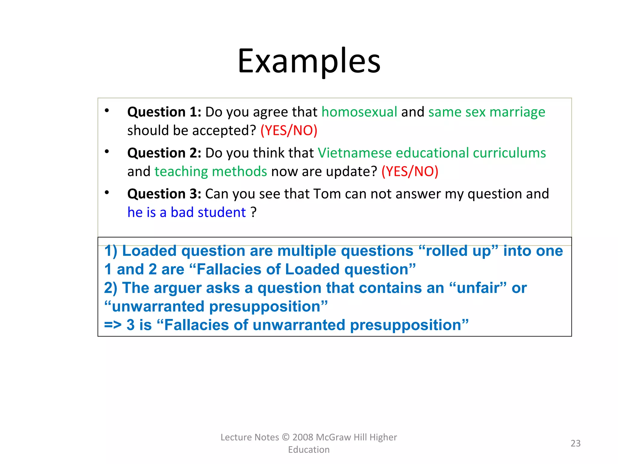 Examples
• Question 1: Do you agree that homosexual and same sex marriage
should be accepted? (YES/NO)
• Question 2: Do you think that Vietnamese educational curriculums
and teaching methods now are update? (YES/NO)
• Question 3: Can you see that Tom can not answer my question and
he is a bad student ?
Lecture Notes © 2008 McGraw Hill Higher
Education
23
1) Loaded question are multiple questions “rolled up” into one
1 and 2 are “Fallacies of Loaded question”
2) The arguer asks a question that contains an “unfair” or
“unwarranted presupposition”
=> 3 is “Fallacies of unwarranted presupposition”
 