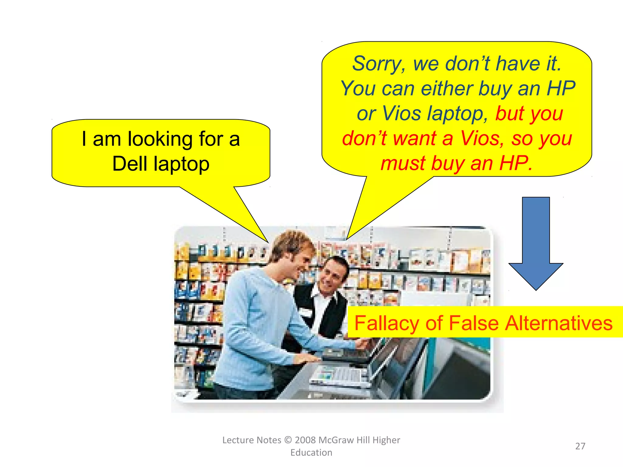 Lecture Notes © 2008 McGraw Hill Higher
Education
27
Sorry, we don’t have it.
You can either buy an HP
or Vios laptop, but you
don’t want a Vios, so you
must buy an HP.
I am looking for a
Dell laptop
Fallacy of False Alternatives
 