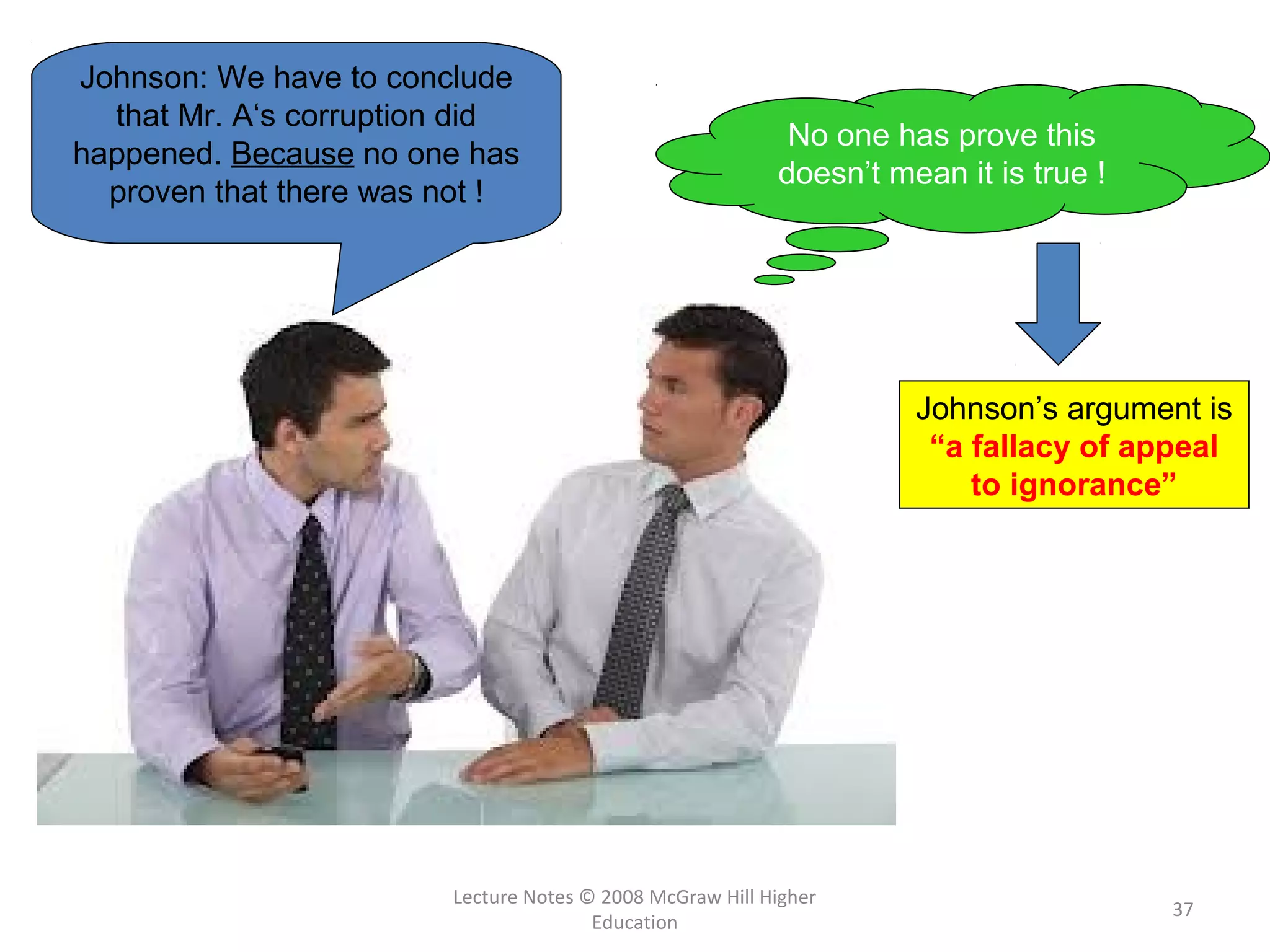 Lecture Notes © 2008 McGraw Hill Higher
Education
37
Johnson: We have to conclude
that Mr. A‘s corruption did
happened. Because no one has
proven that there was not !
No one has prove this
doesn’t mean it is true !
Johnson’s argument is
“a fallacy of appeal
to ignorance”
 
