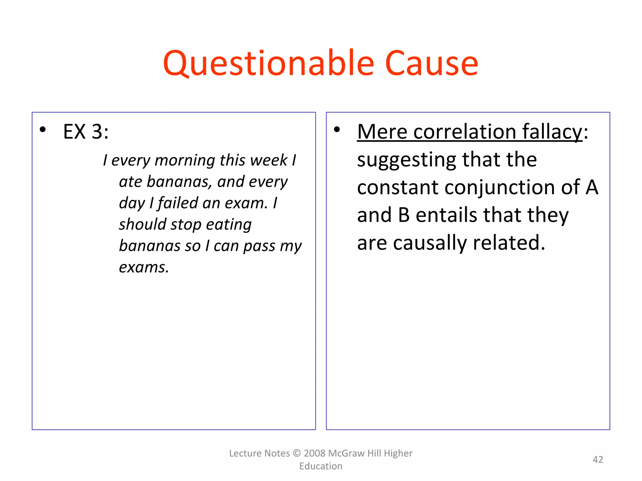 Lecture Notes © 2008 McGraw Hill Higher
Education
42
Questionable Cause
• EX 3:
I every morning this week I
ate bananas, and every
day I failed an exam. I
should stop eating
bananas so I can pass my
exams.
• Mere correlation fallacy:
suggesting that the
constant conjunction of A
and B entails that they
are causally related.
 